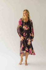 The Eden Floral V-Neck Midi Dress in Brown Multi