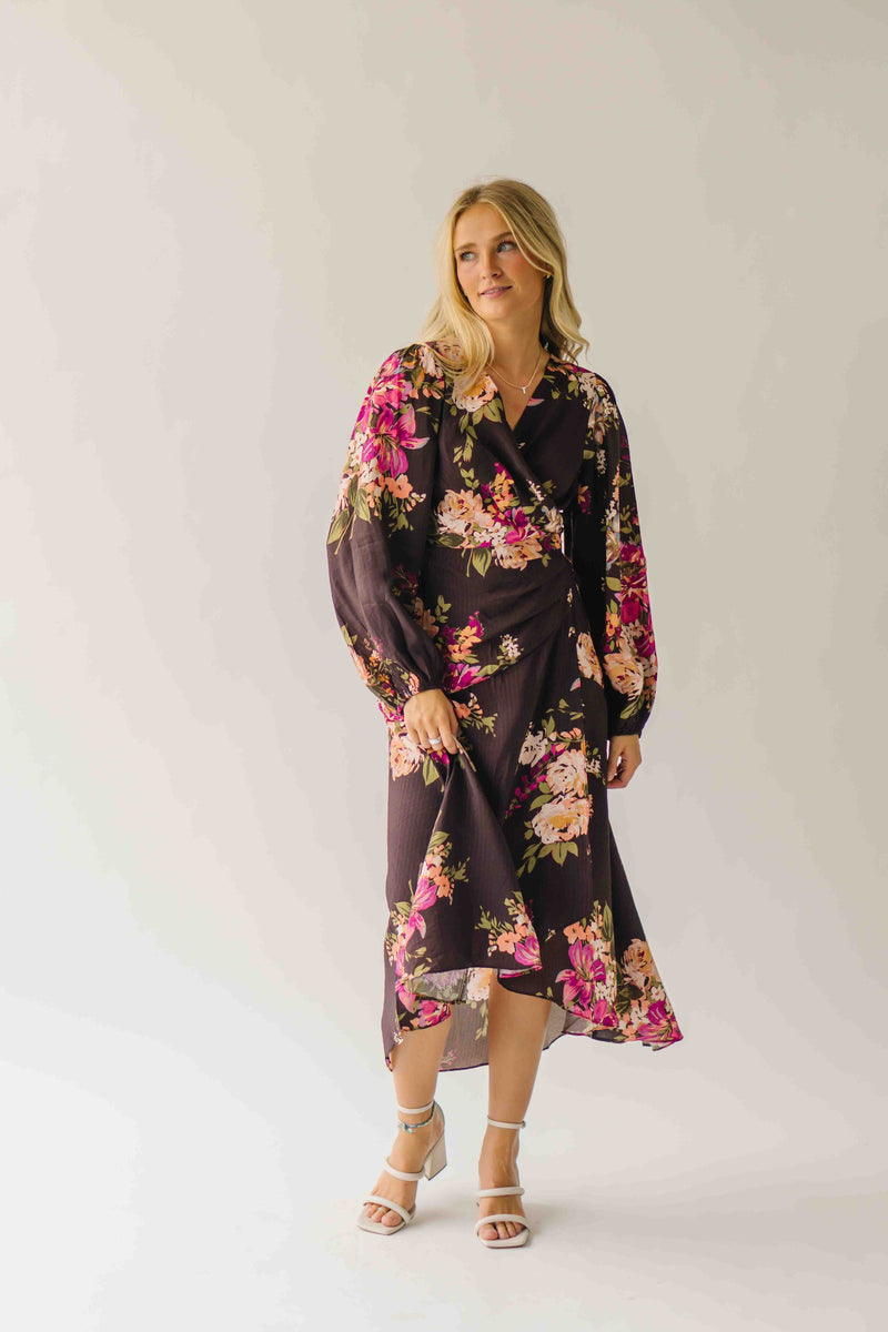 The Eden Floral V-Neck Midi Dress in Brown Multi