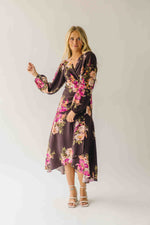 The Eden Floral V-Neck Midi Dress in Brown Multi