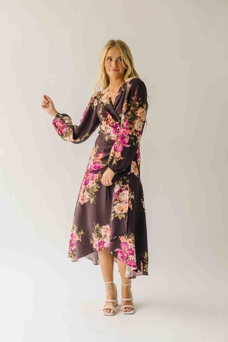 The Eden Floral V-Neck Midi Dress in Brown Multi