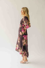 The Eden Floral V-Neck Midi Dress in Brown Multi