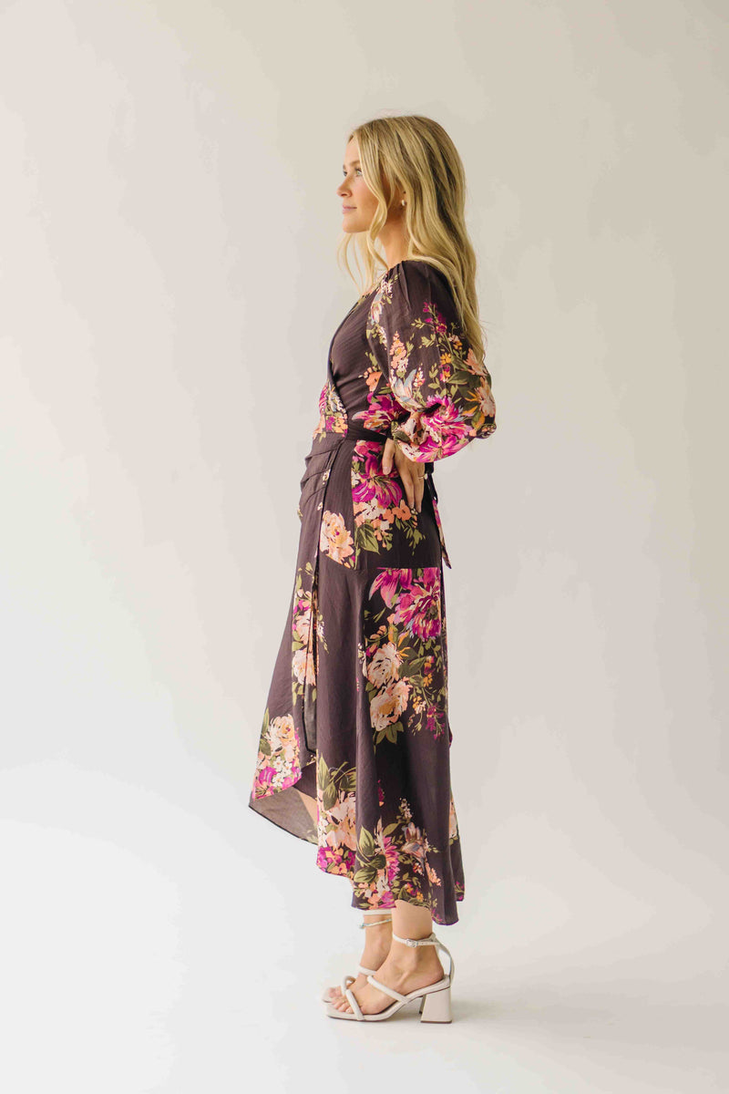 The Eden Floral V-Neck Midi Dress in Brown Multi