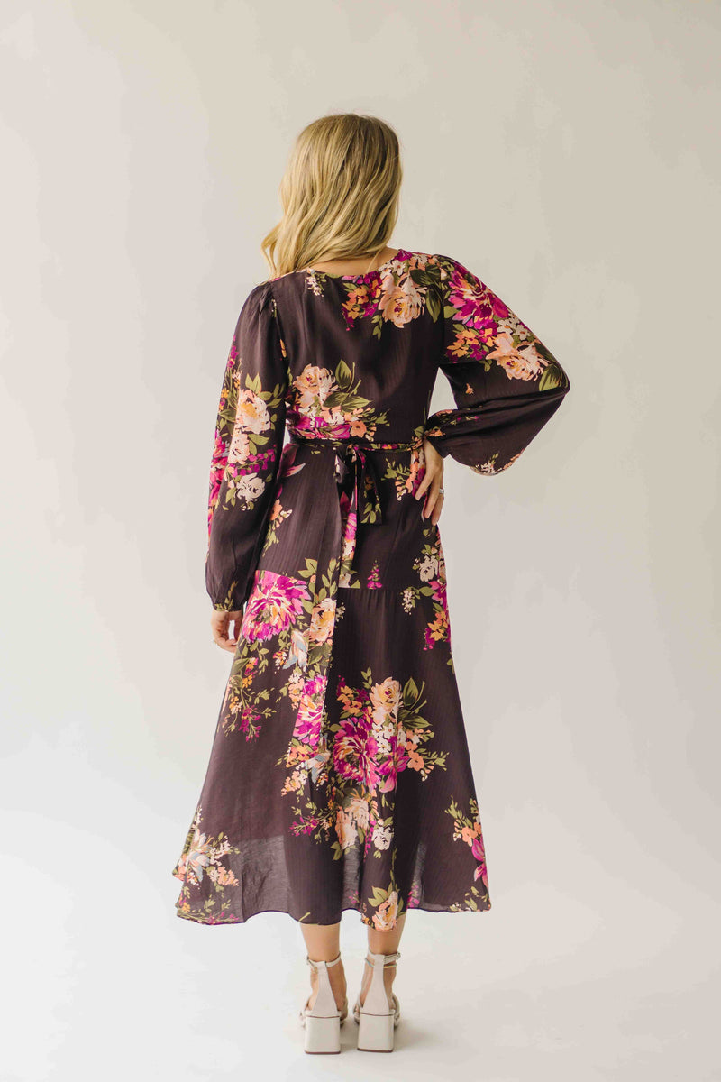 The Eden Floral V-Neck Midi Dress in Brown Multi