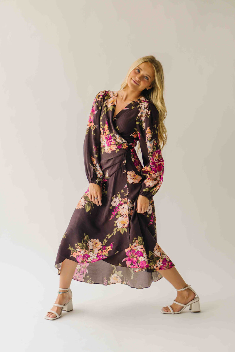 The Eden Floral V-Neck Midi Dress in Brown Multi
