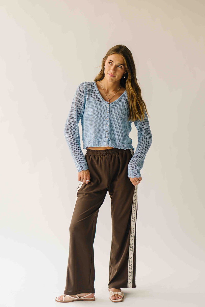 The Marion Crochet Cropped Cardigan in Powder Blue