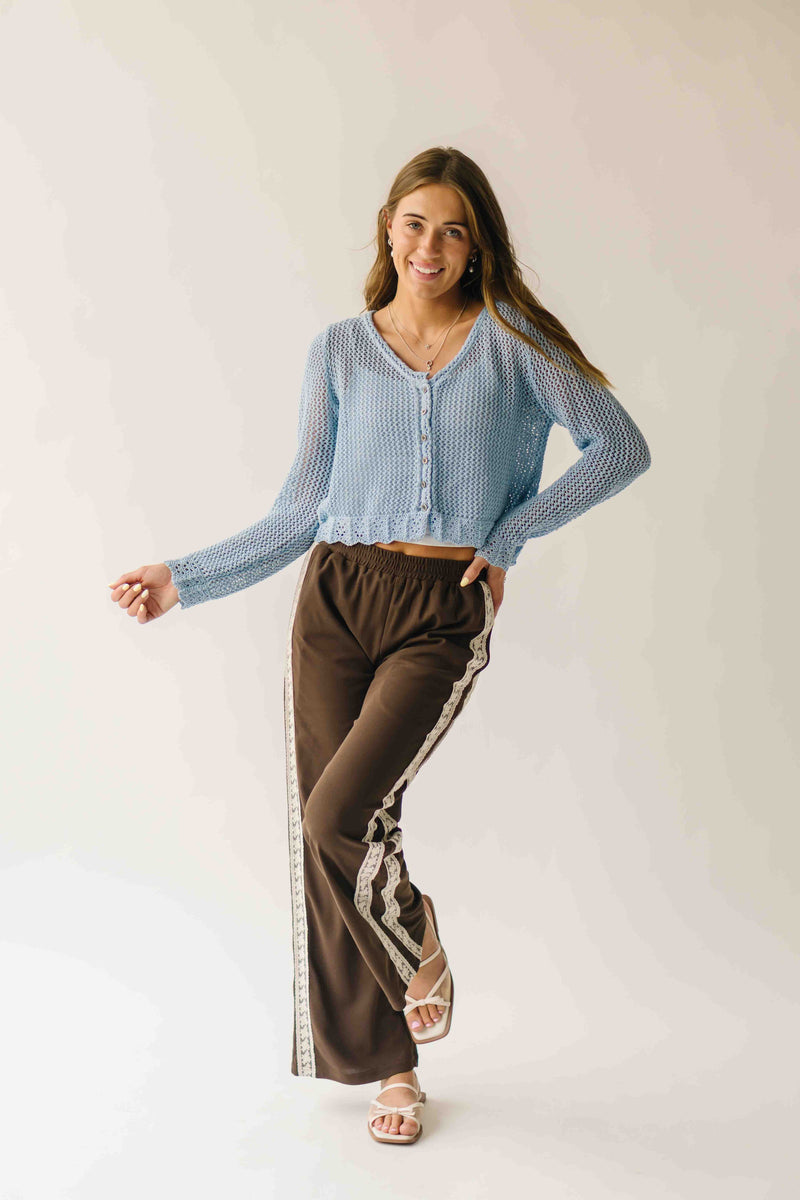 The Marion Crochet Cropped Cardigan in Powder Blue