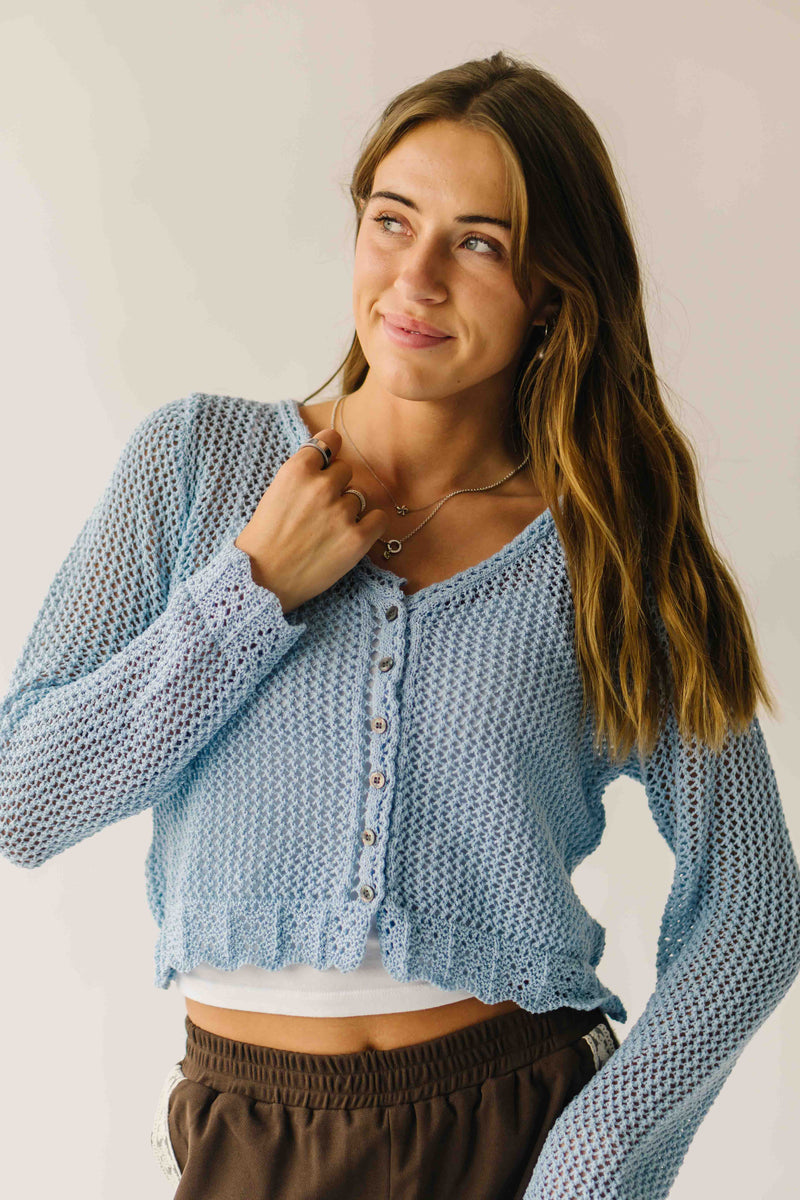 The Marion Crochet Cropped Cardigan in Powder Blue
