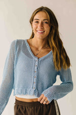 The Marion Crochet Cropped Cardigan in Powder Blue