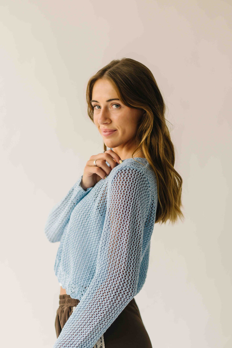 The Marion Crochet Cropped Cardigan in Powder Blue