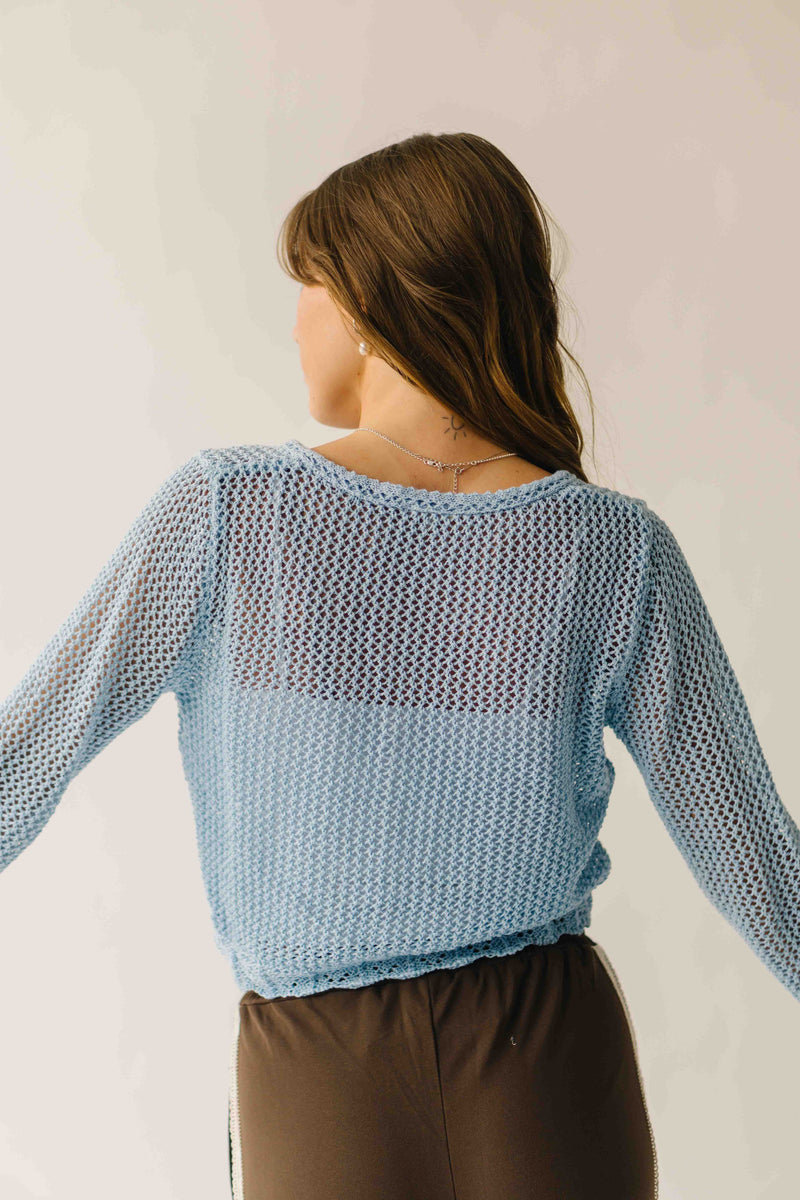 The Marion Crochet Cropped Cardigan in Powder Blue