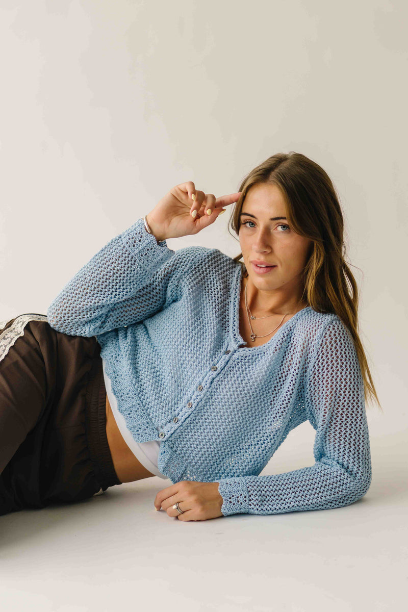 The Marion Crochet Cropped Cardigan in Powder Blue