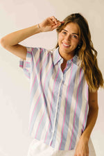 The Celina Striped Button-Up Blouse in Pink
