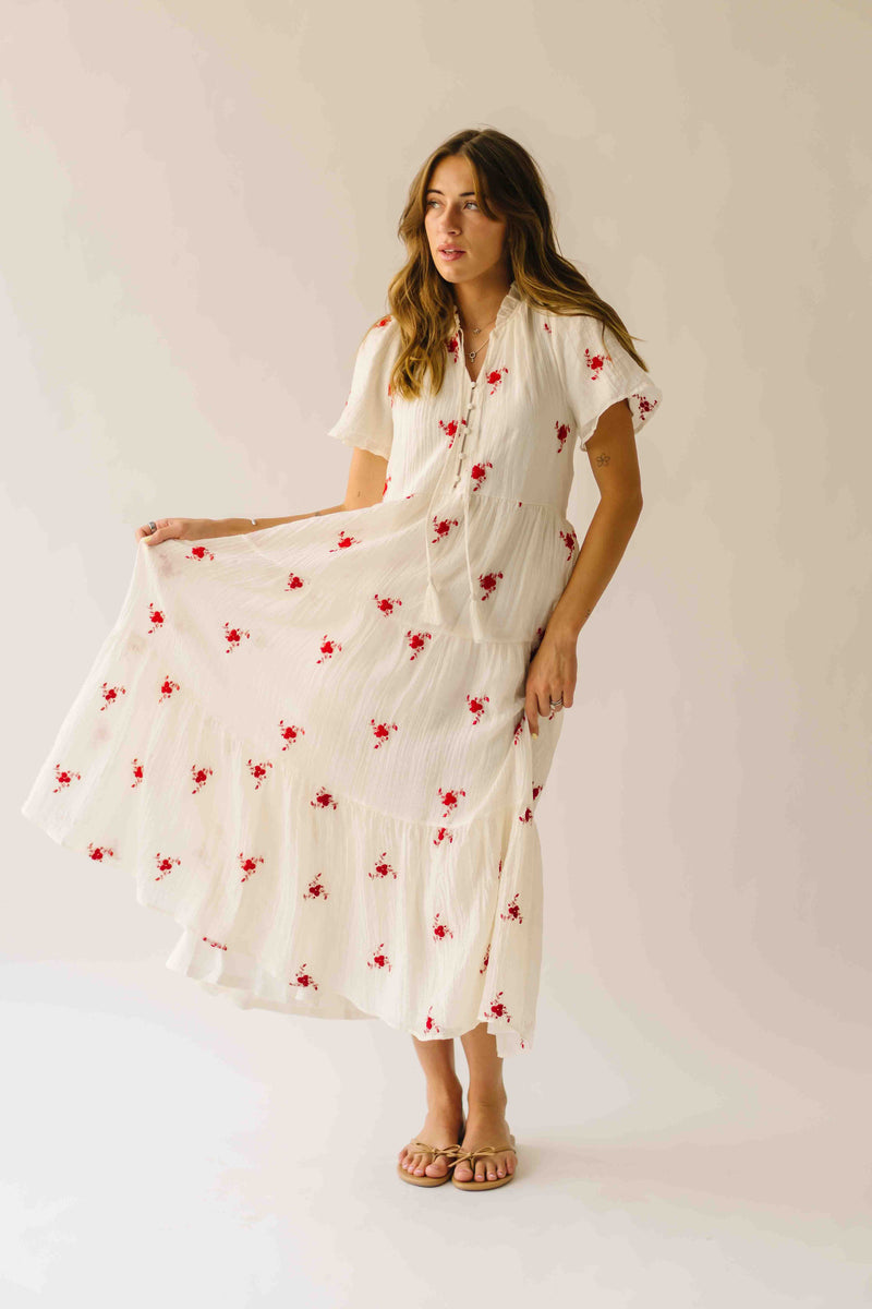 The Sonora Embroidered Detail Dress in Ivory + Red