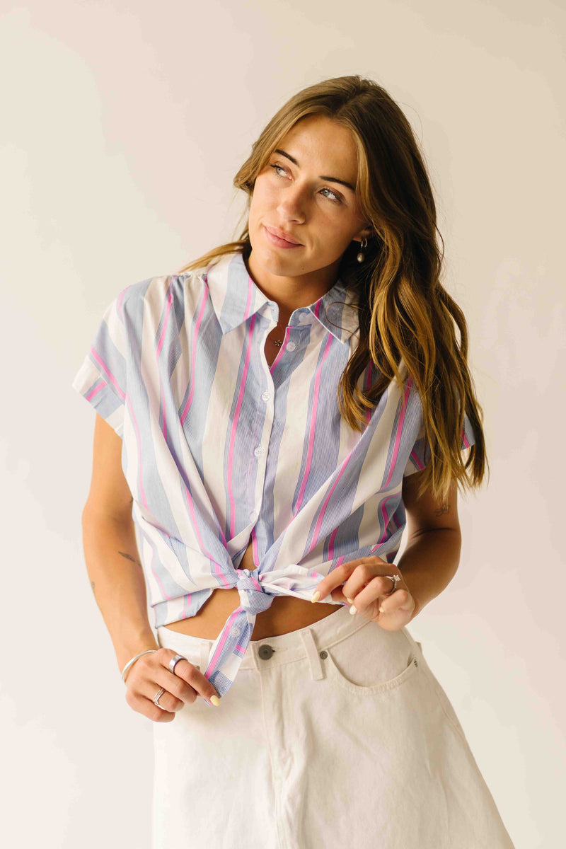 The Celina Striped Button-Up Blouse in Pink