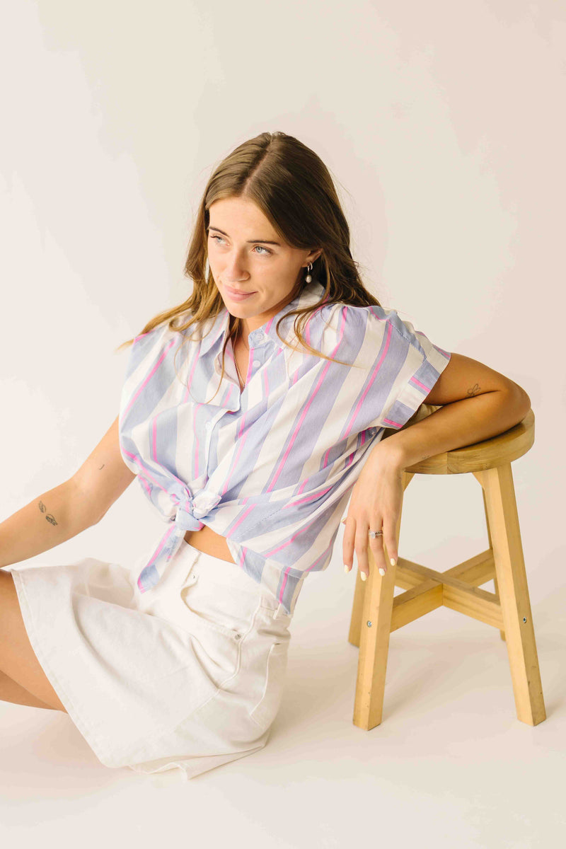 The Celina Striped Button-Up Blouse in Pink