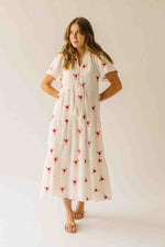 The Sonora Embroidered Detail Dress in Ivory + Red