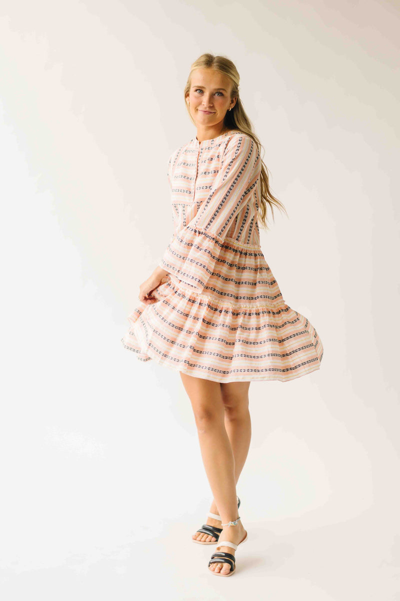 The Reeves Patterned V-Neck Dress in White + Peach