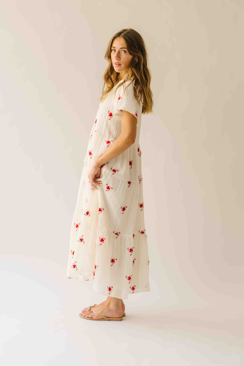 The Sonora Embroidered Detail Dress in Ivory + Red