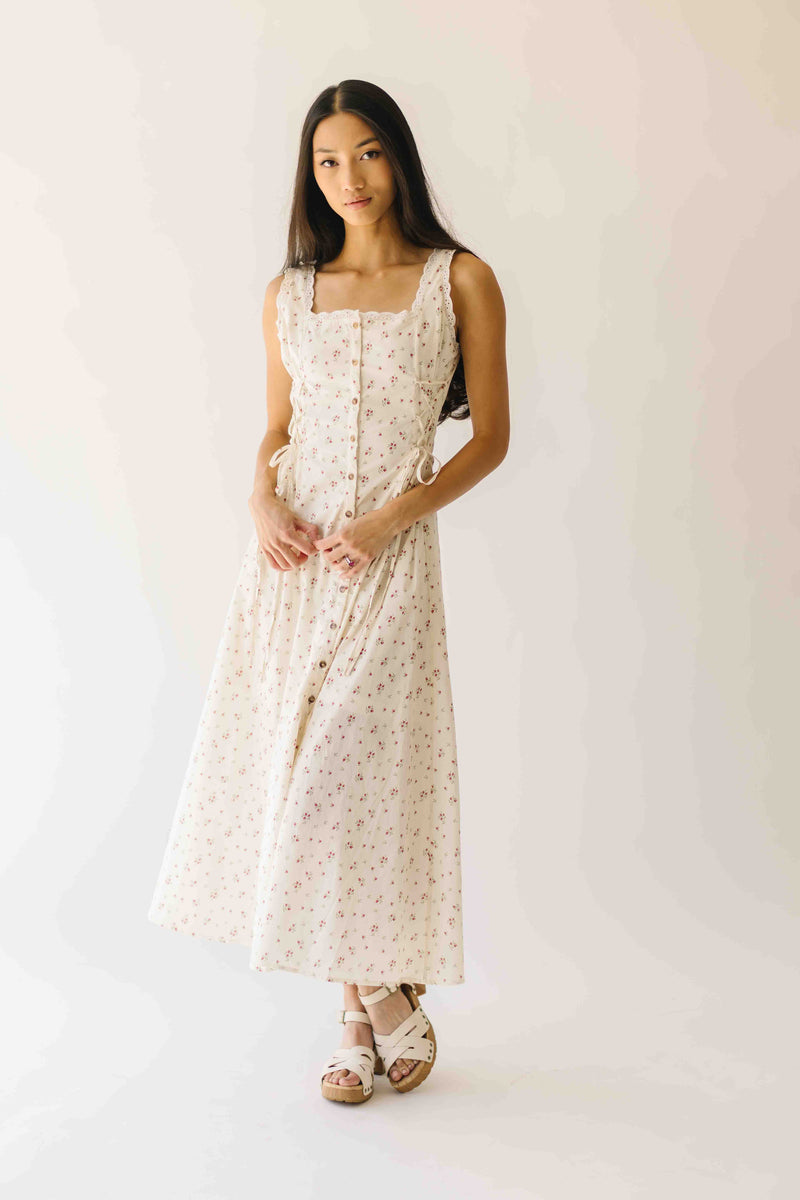 The Solene Floral Button-Up Midi Dress in Natural