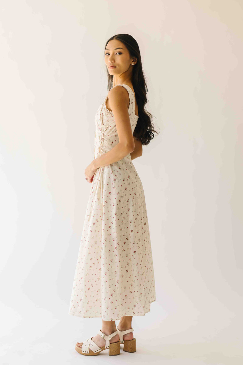 The Solene Floral Button-Up Midi Dress in Natural