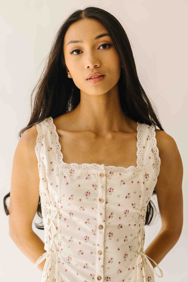 The Solene Floral Button-Up Midi Dress in Natural