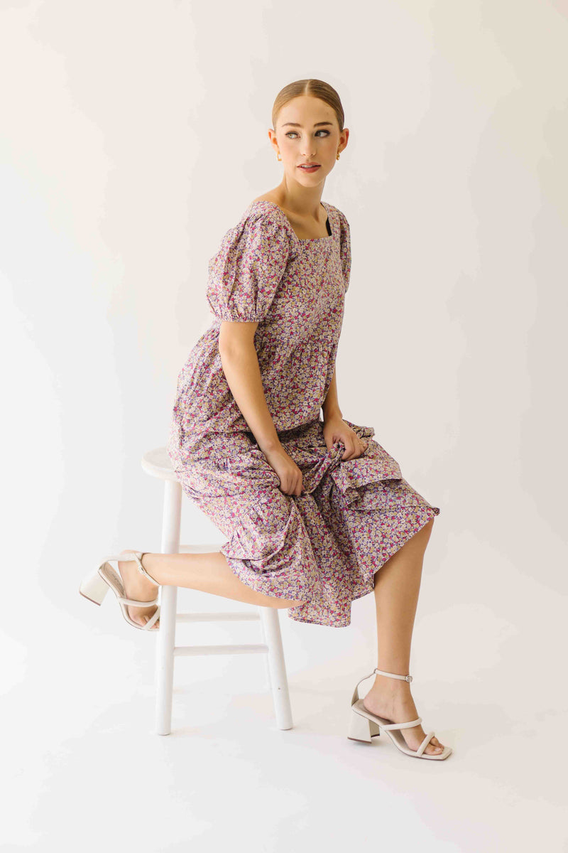 purple floral tiered dress Simone Lavender Floral Tiered Midi Dress