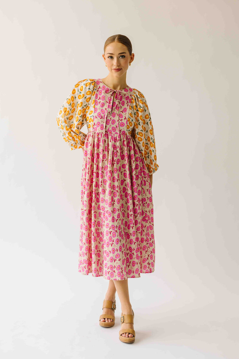 The Libby Blossom Linen Midi Dress in Pink + Orange