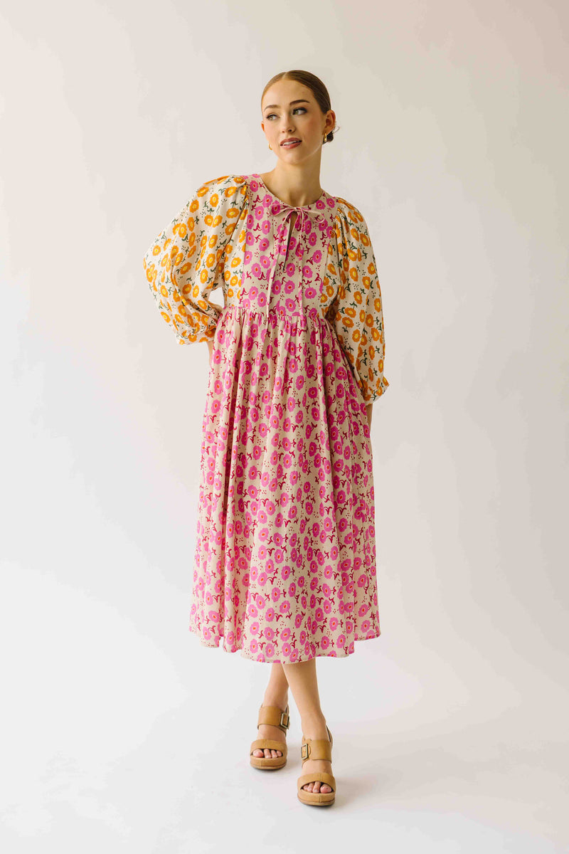 The Libby Blossom Linen Midi Dress in Pink + Orange
