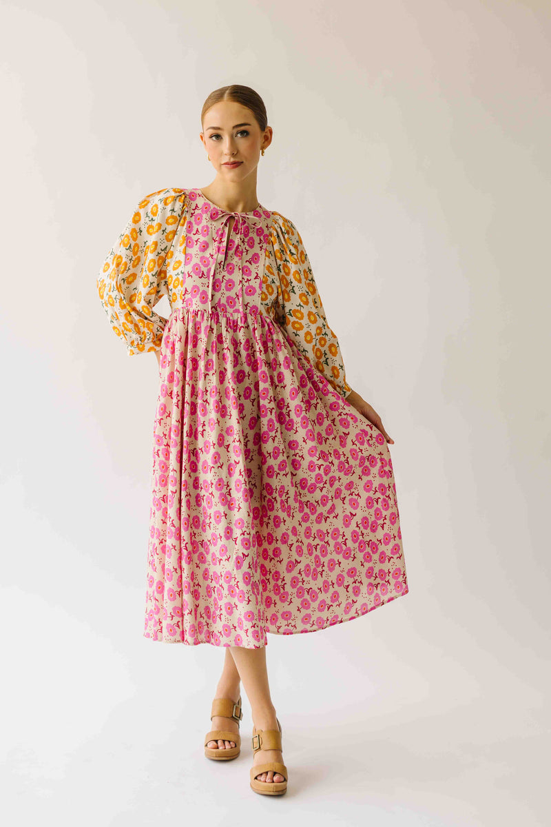 The Libby Blossom Linen Midi Dress in Pink + Orange