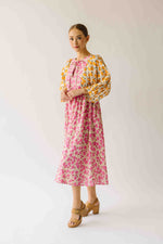 The Libby Blossom Linen Midi Dress in Pink + Orange