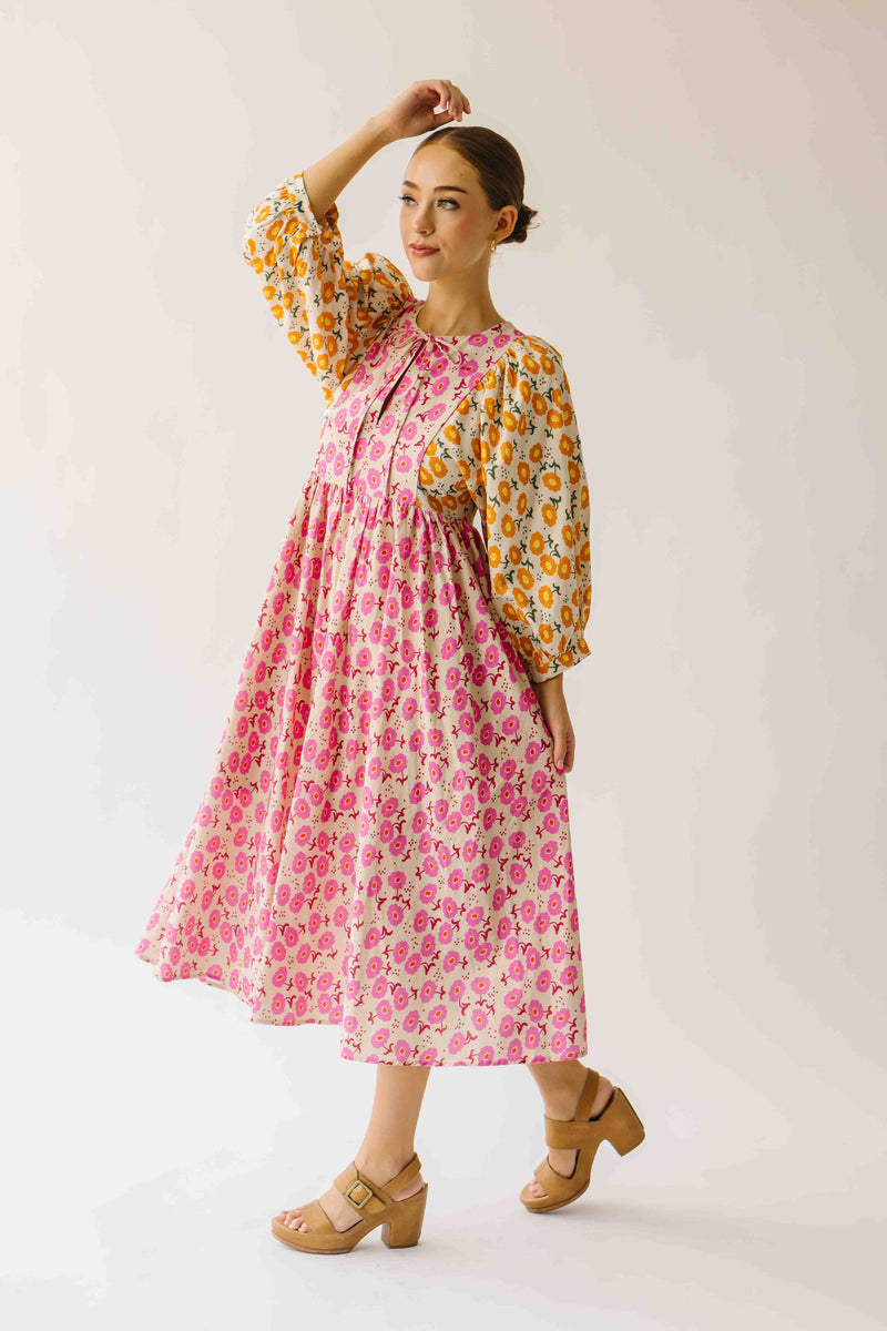 The Libby Blossom Linen Midi Dress in Pink + Orange