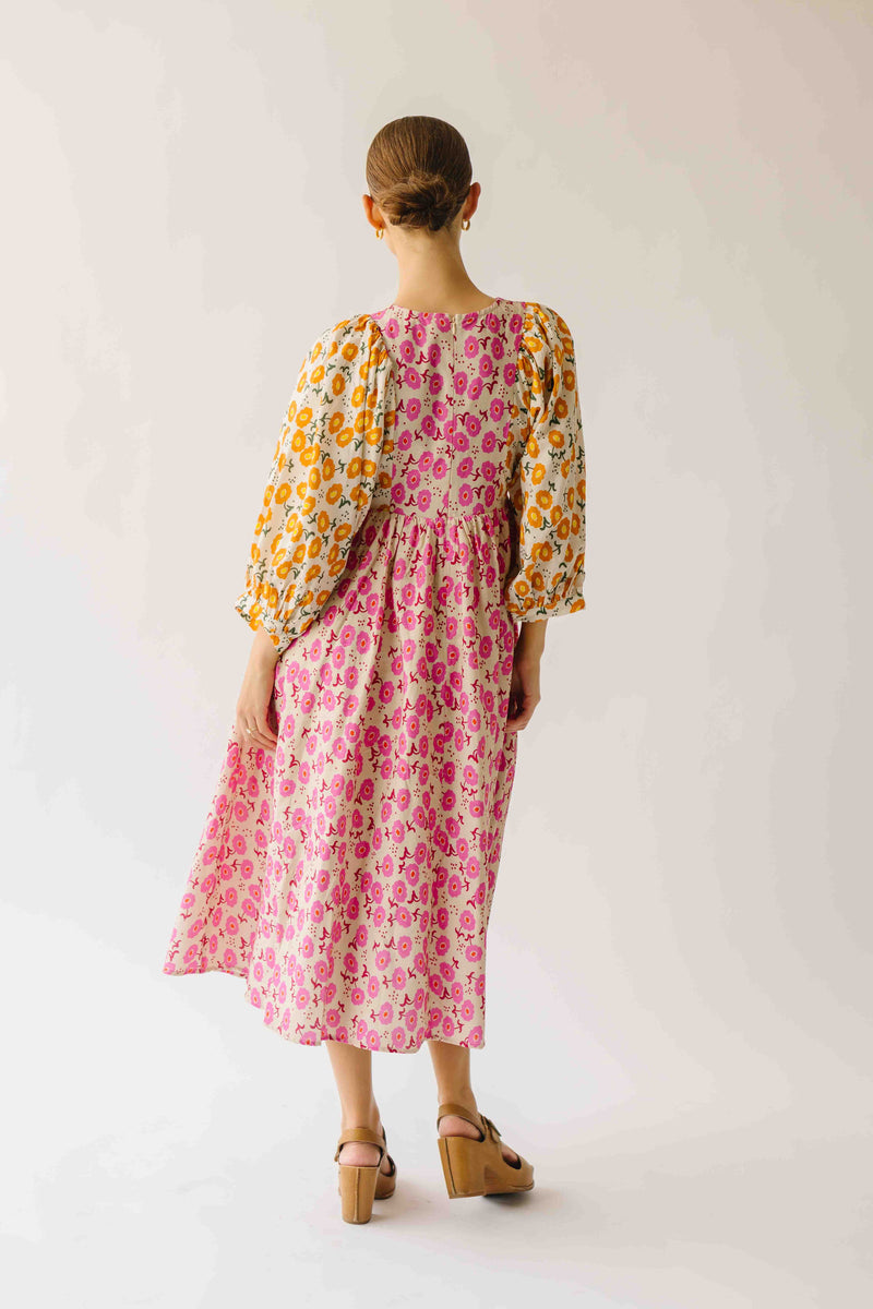 The Libby Blossom Linen Midi Dress in Pink + Orange