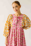 The Libby Blossom Linen Midi Dress in Pink + Orange