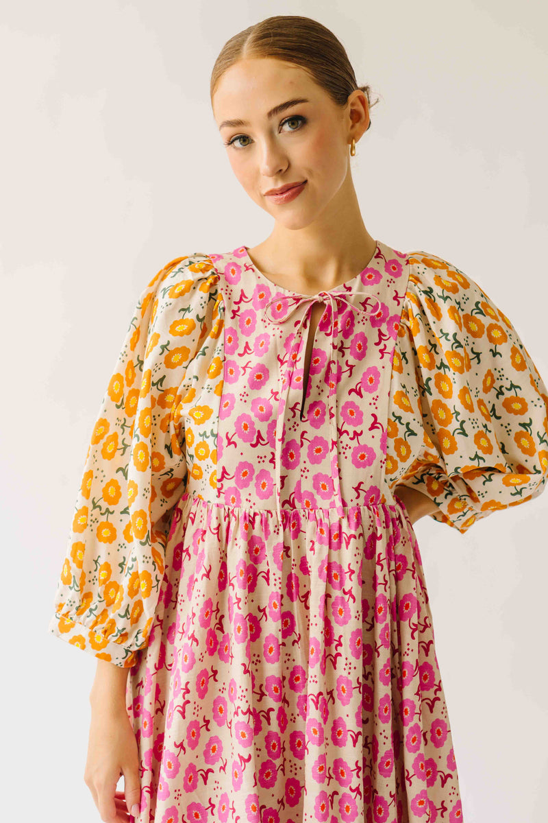 The Libby Blossom Linen Midi Dress in Pink + Orange