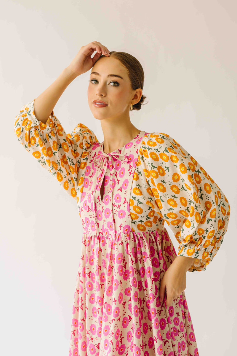 The Libby Blossom Linen Midi Dress in Pink + Orange