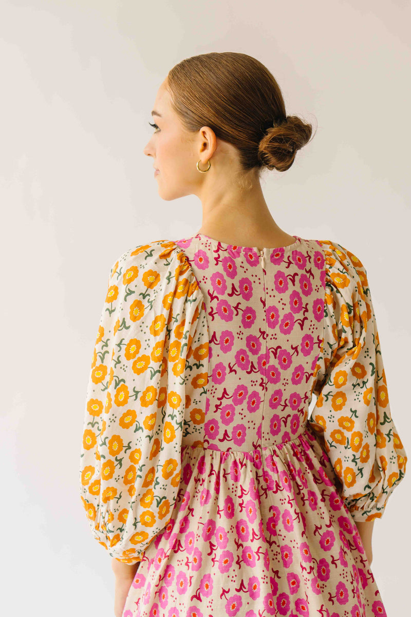 The Libby Blossom Linen Midi Dress in Pink + Orange