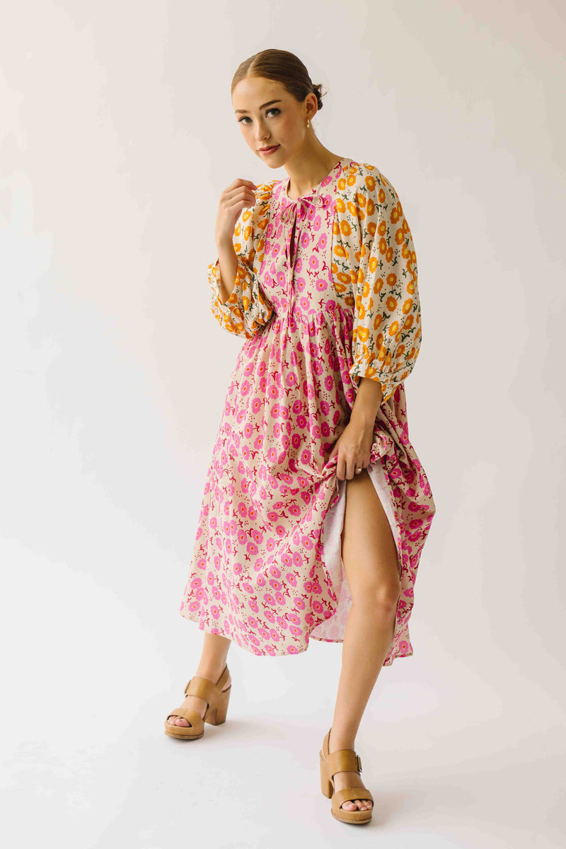 The Libby Blossom Linen Midi Dress in Pink + Orange