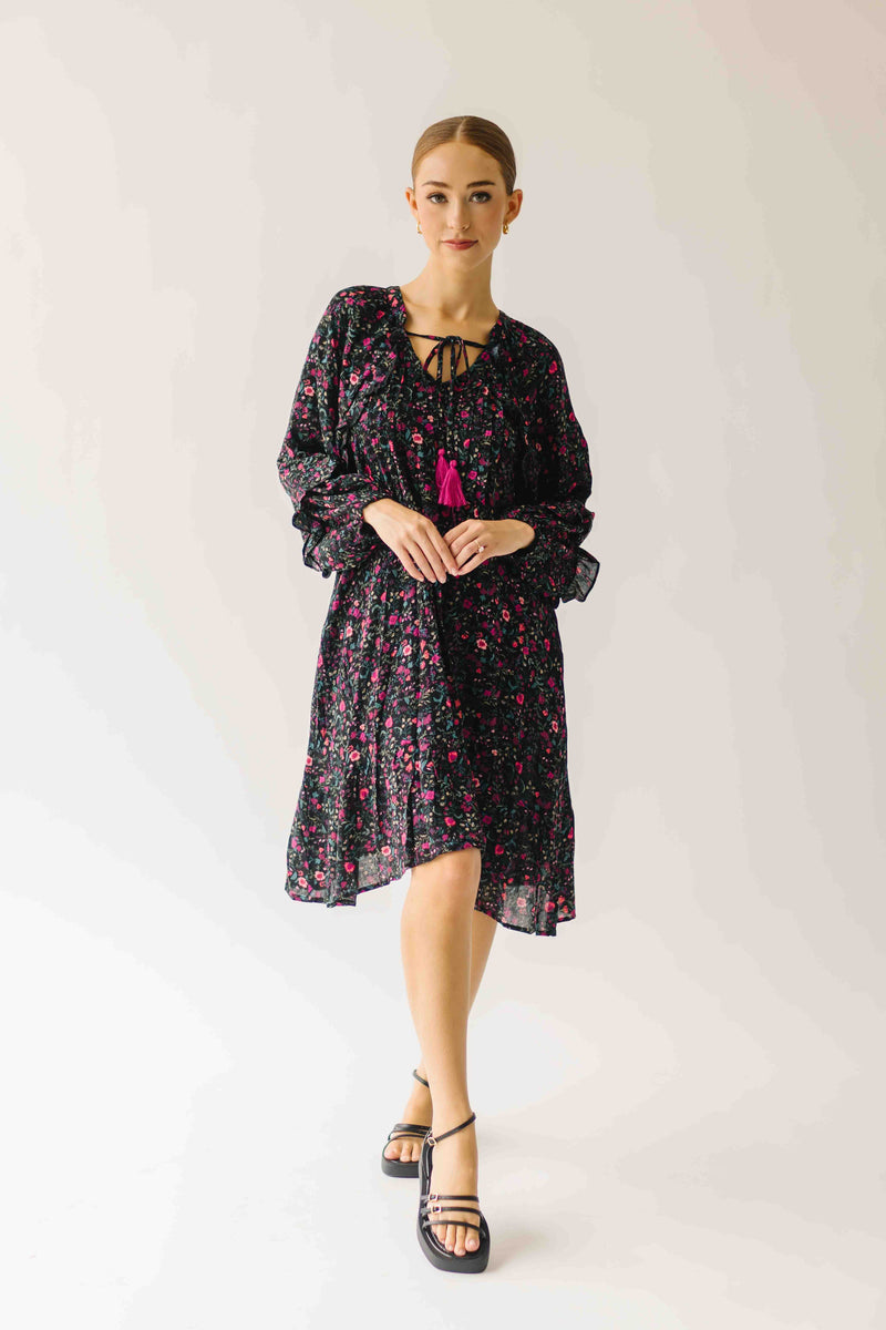 The Kalina Printed Floral Ruffle Dress in Black