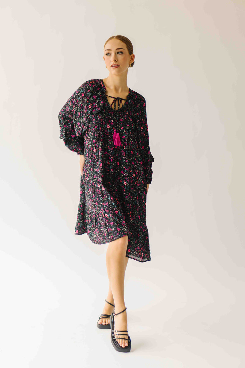 The Kalina Printed Floral Ruffle Dress in Black