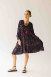 The Kalina Printed Floral Ruffle Dress in Black