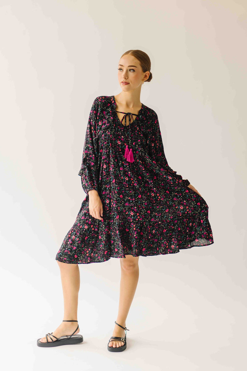 The Kalina Printed Floral Ruffle Dress in Black