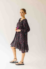 The Kalina Printed Floral Ruffle Dress in Black