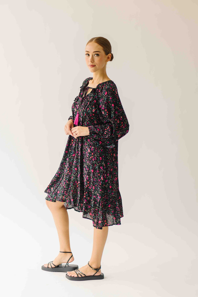 The Kalina Printed Floral Ruffle Dress in Black