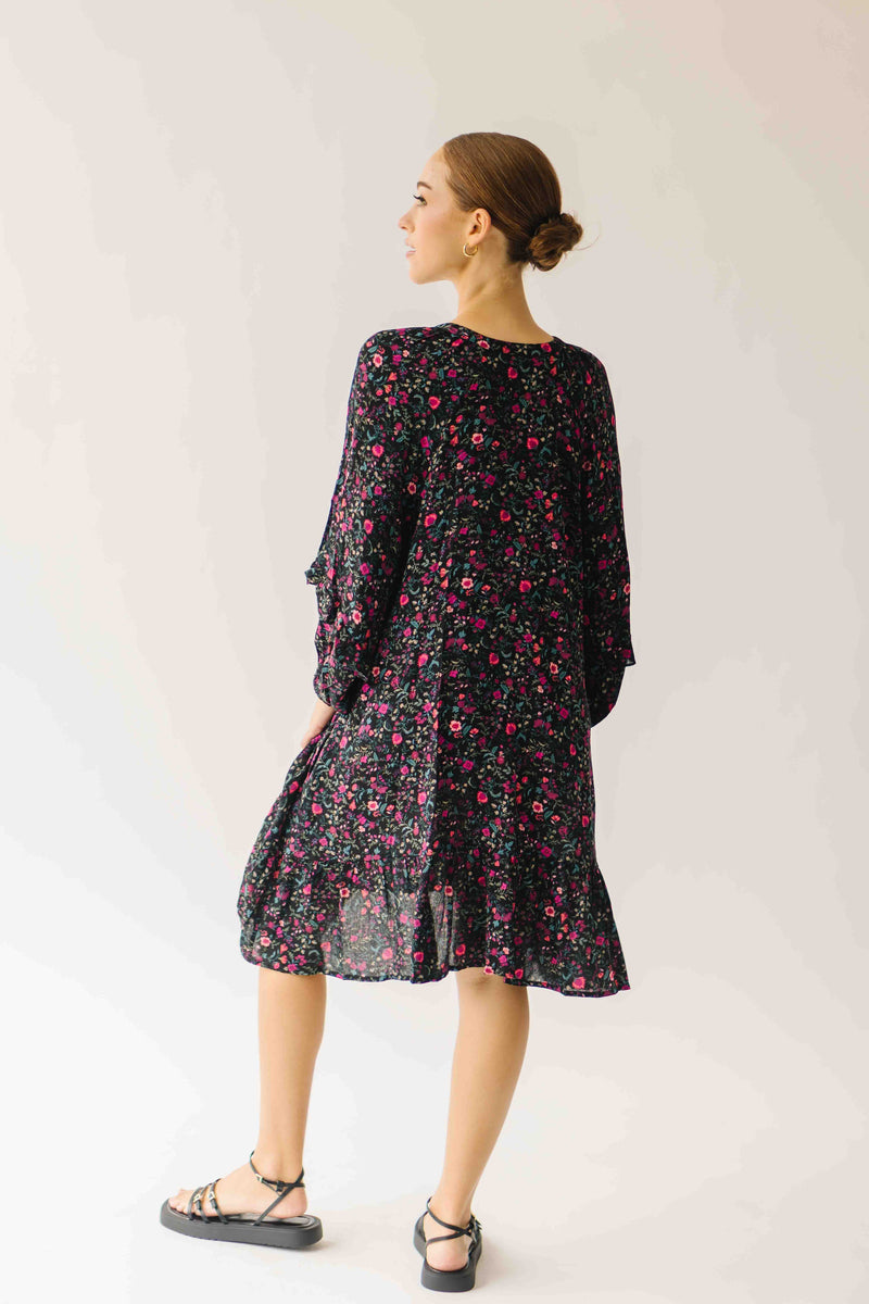 The Kalina Printed Floral Ruffle Dress in Black