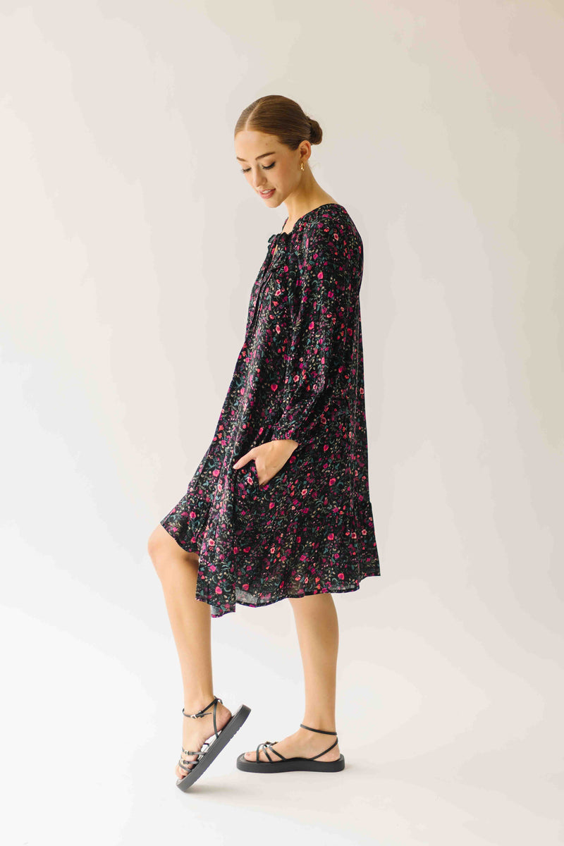 The Kalina Printed Floral Ruffle Dress in Black