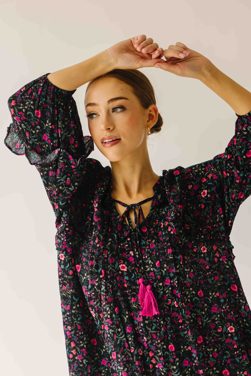 The Kalina Printed Floral Ruffle Dress in Black