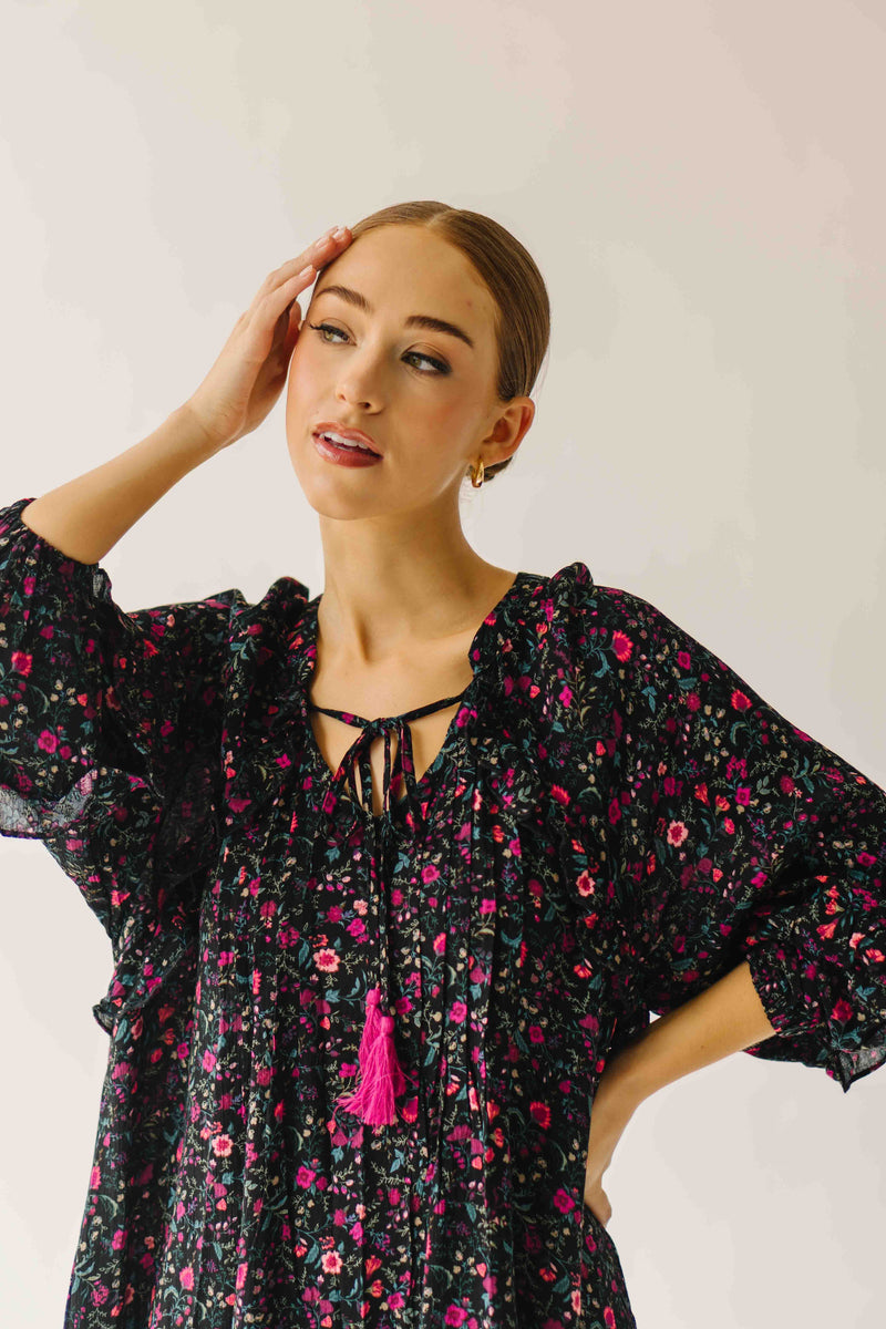 The Kalina Printed Floral Ruffle Dress in Black