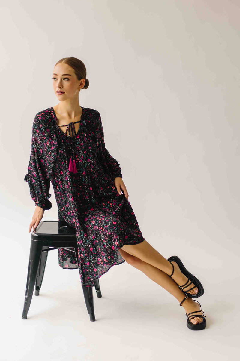 The Kalina Printed Floral Ruffle Dress in Black