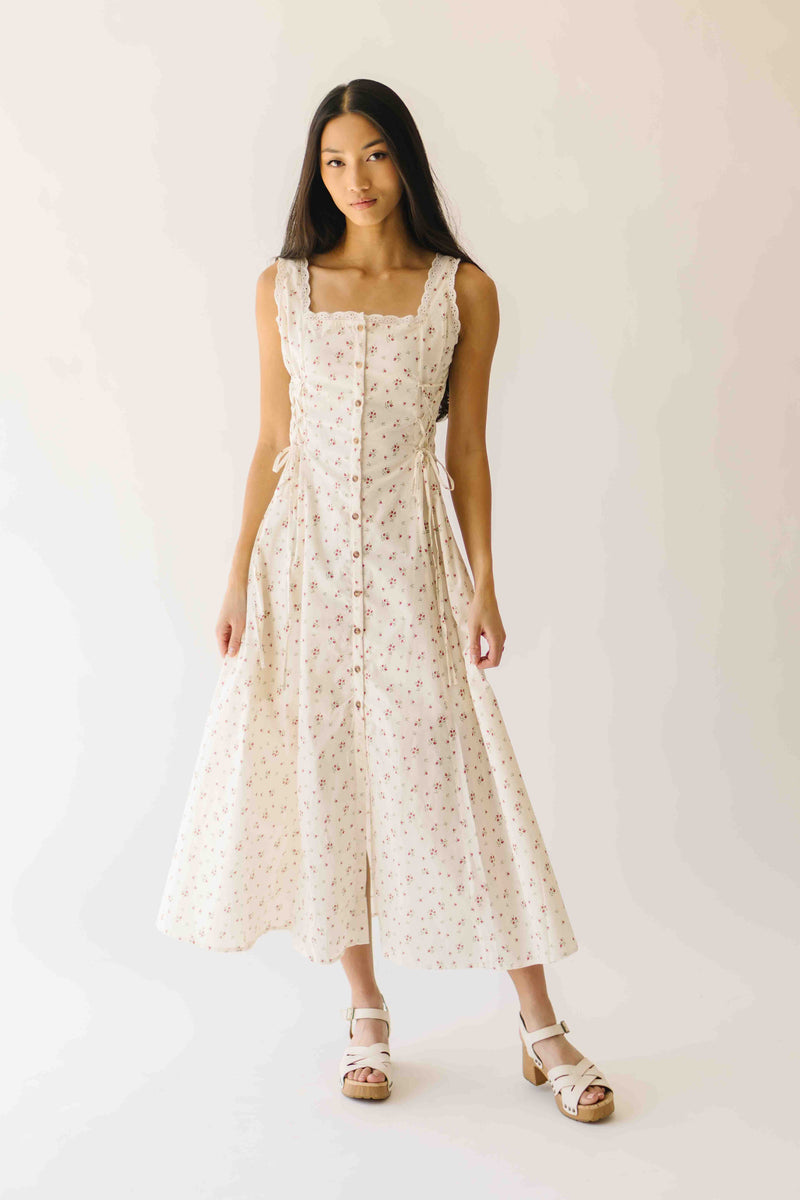 The Solene Floral Button-Up Midi Dress in Natural