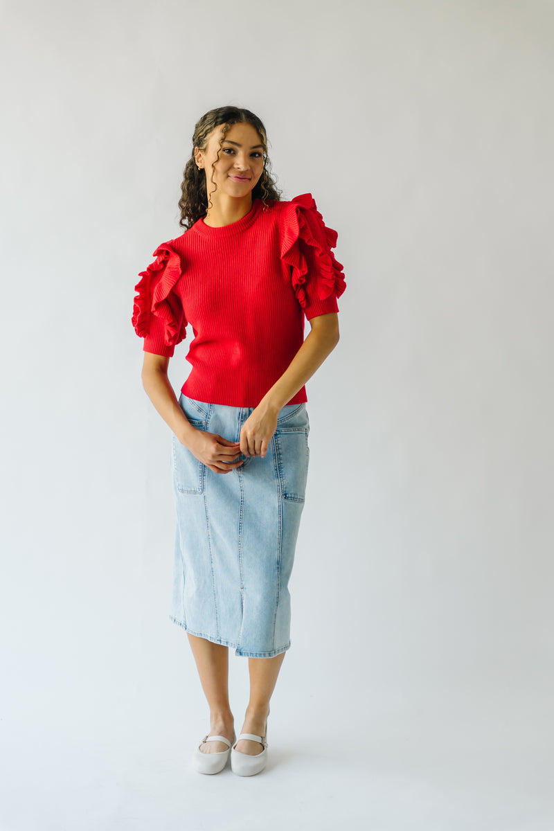 The Serrano Ruffle Detail Sweater in Red